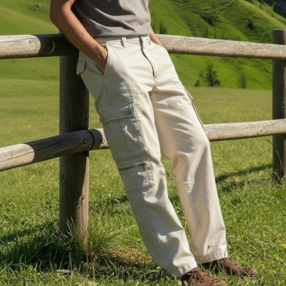 VTG Mens Khaki Cargo Pants Baggy NWT Sz 36 X 30‎ 90s Y2K Beige Cream Cotton